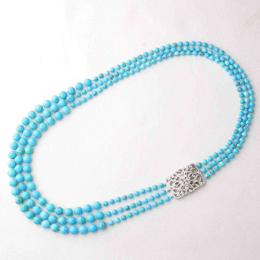 28''-32'' Faceted Round Blue Turquoises Sweater chain Long Necklace Ethnical For Women Lady Jewelry