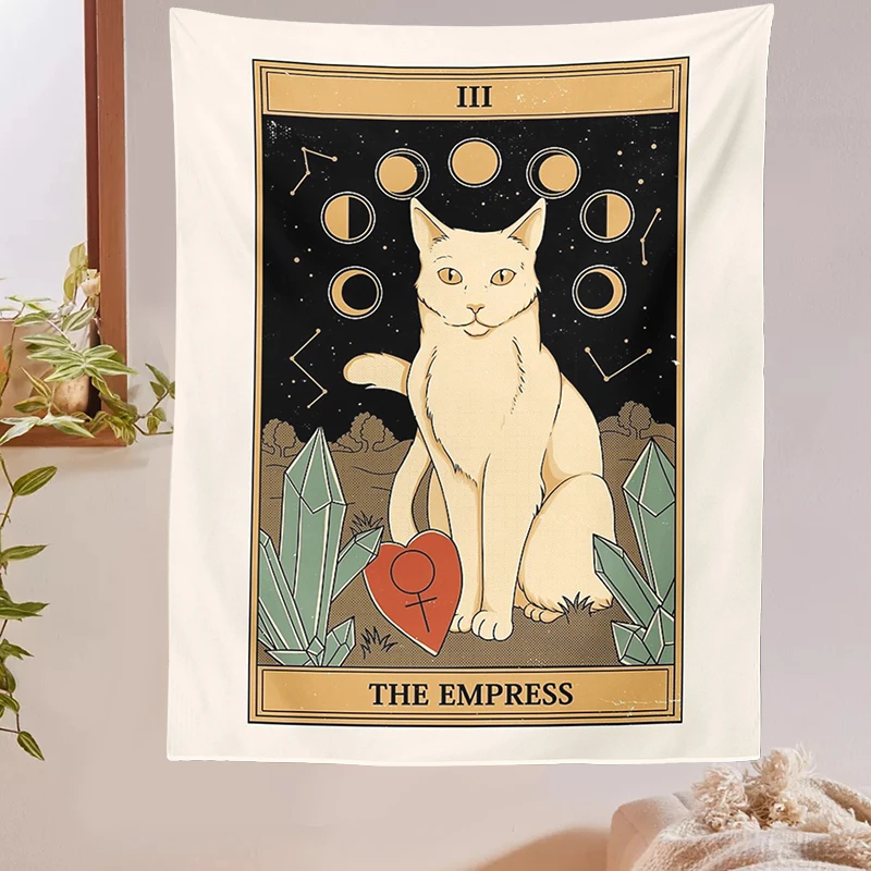 Cat Divination Witchcraft Tarot Card Tapestry Wall Hanging Tapestries Baphomet Occult Home Wall Moon phase Mat Decor Cat Coven