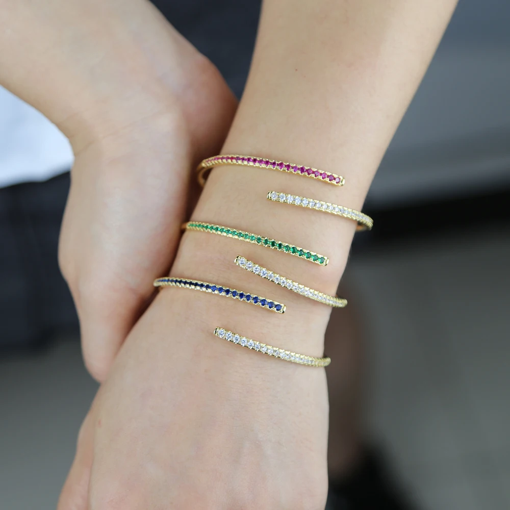 Fashion cubic zirconia cz open adjusted bangle bracelet for women red blue green colorful stone jewelry