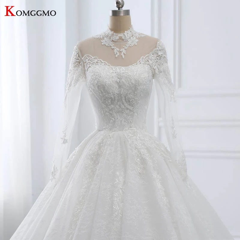 Luxo alta pescoço capela trem bordado apliques tule vestido de baile nupcial foto real botão manga cheia voltar vestido de casamento