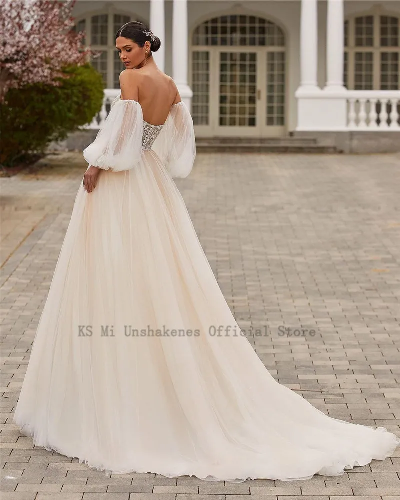 Champagne Trouwjurk 2021 Bladerdeeg Mouw Bruidsjurken Kralen Strand Land Bridal Jurken Robe De Mariee Vrouwen Couture