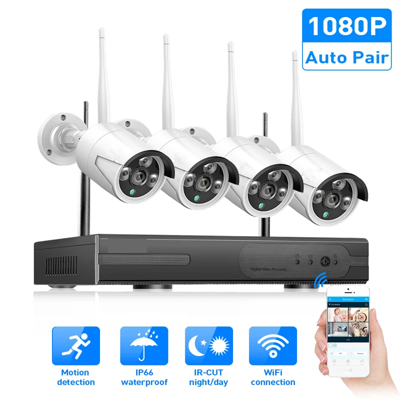 

8-канальная Беспроводная система видеонаблюдения, NVR, 8 каналов, 1080P, Plug and Play, водонепроницаемая