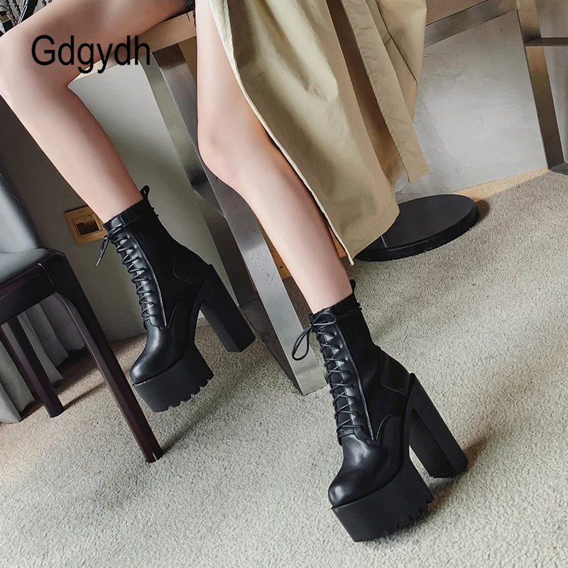 Gdgydh New Fetish Platform Boots Woman Sexy Chunky Heel Front Lace Up Sock Boots Women Ankle Boots Thick Heel Shoe Black Design