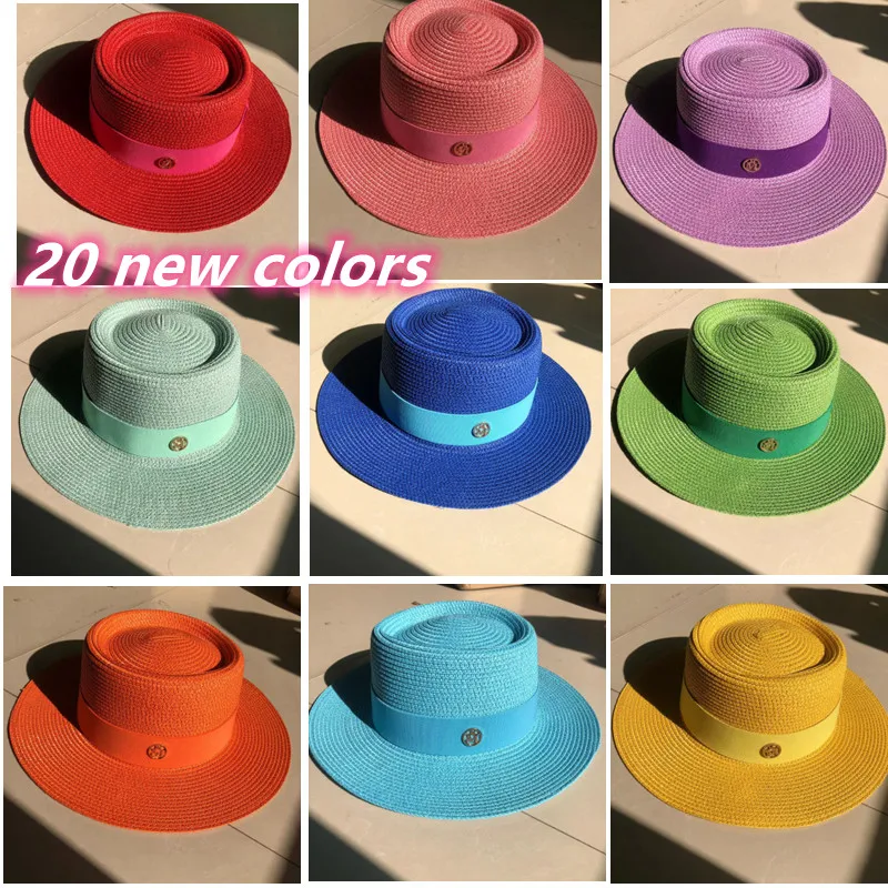 Macaron color straw hat M logo sun hat new bumpy hat top Korean fashion elastic ribbon top hat beach hat candy color sun hat