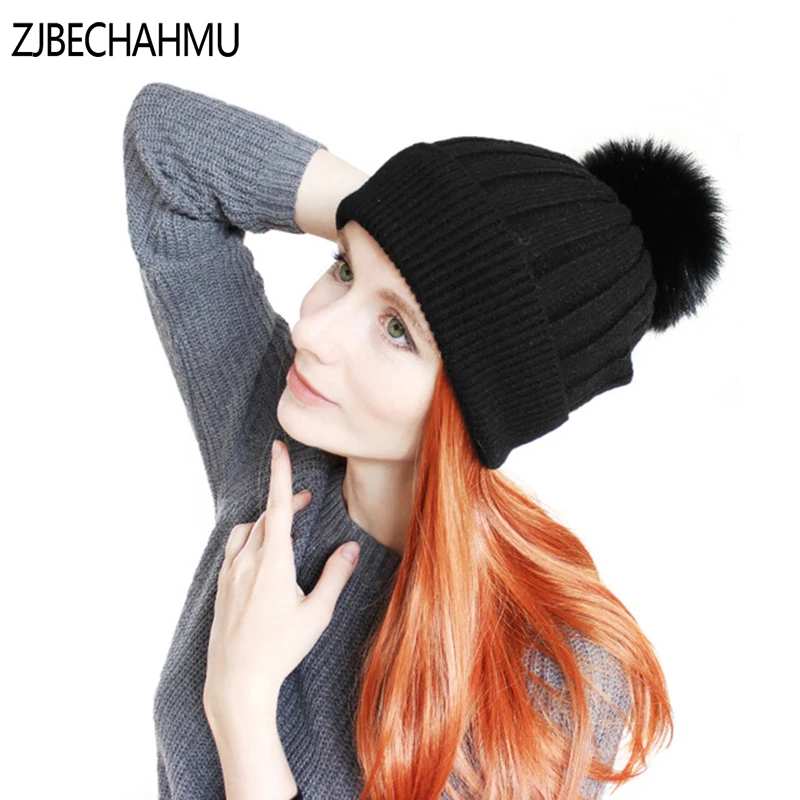 

Fashion New Real Fox Fur Mink Pompoms15cm Skullies Beanies Hats For Women Children Winter Solid Wool Warm Skullies Beanies Hats