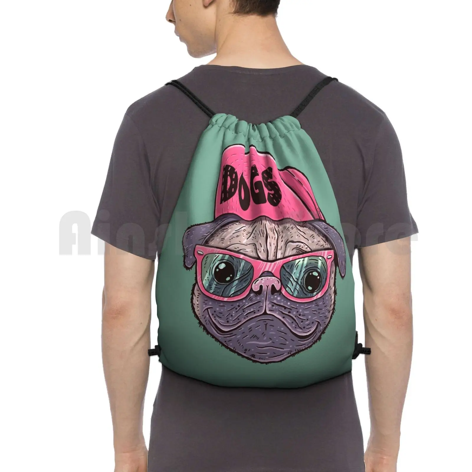 

Dogs Backpack Drawstring Bag Riding Climbing Gym Bag Mops Dog Animal Animals Dogs Pug Pugs Stars Swag 13Mu Cap Glasses
