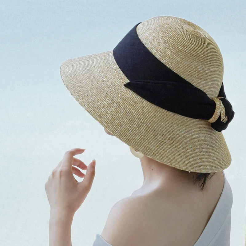 USPOP 2020 Women summer hats long ribbon bow beach hats wide brim natural straw sun hats