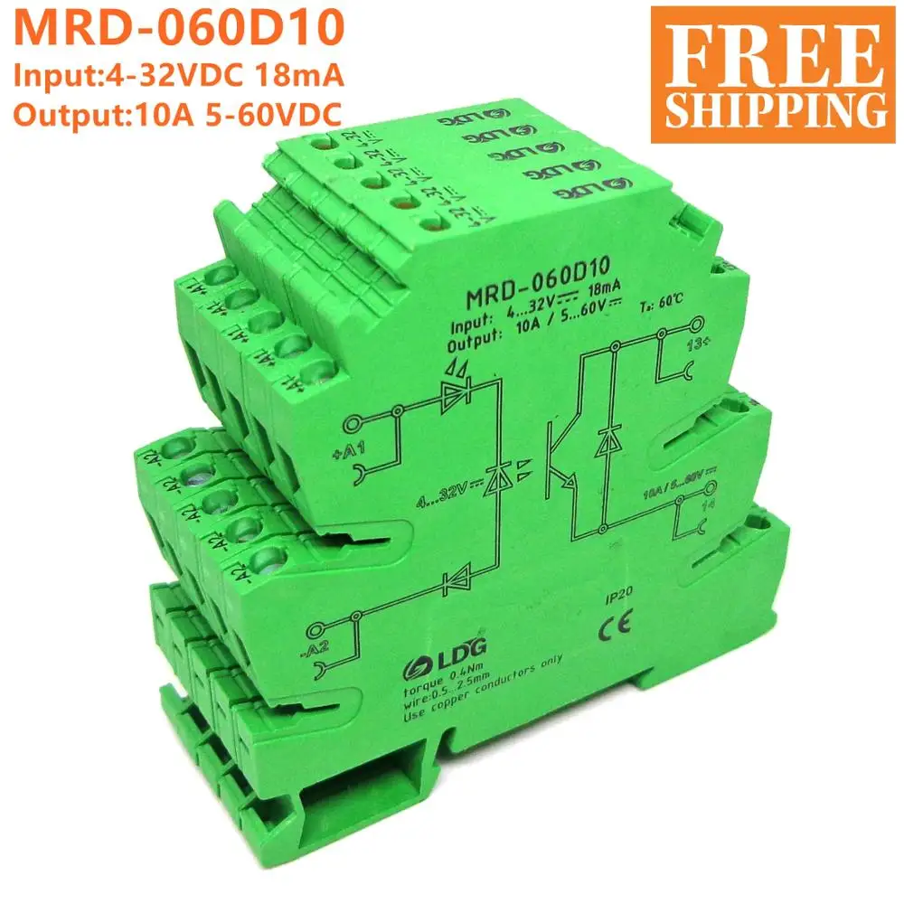 5PCS MRD-060D10 Innovative LED Indication 10A Input: 5V 12V 24V DC SSR Solid Sate Relay Interface DIN Rail Relay Module Switch