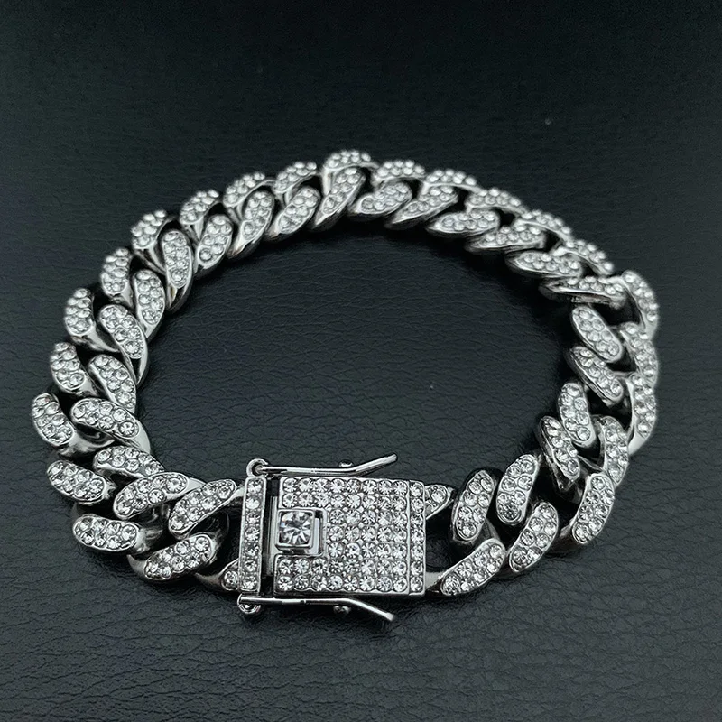 High-Quality  51g Hip Hop Full AAA Stone Bling Iced Out Pave Men\'s Bracelet Miami Cuban Link Chain Bracelets for Men Jewelry