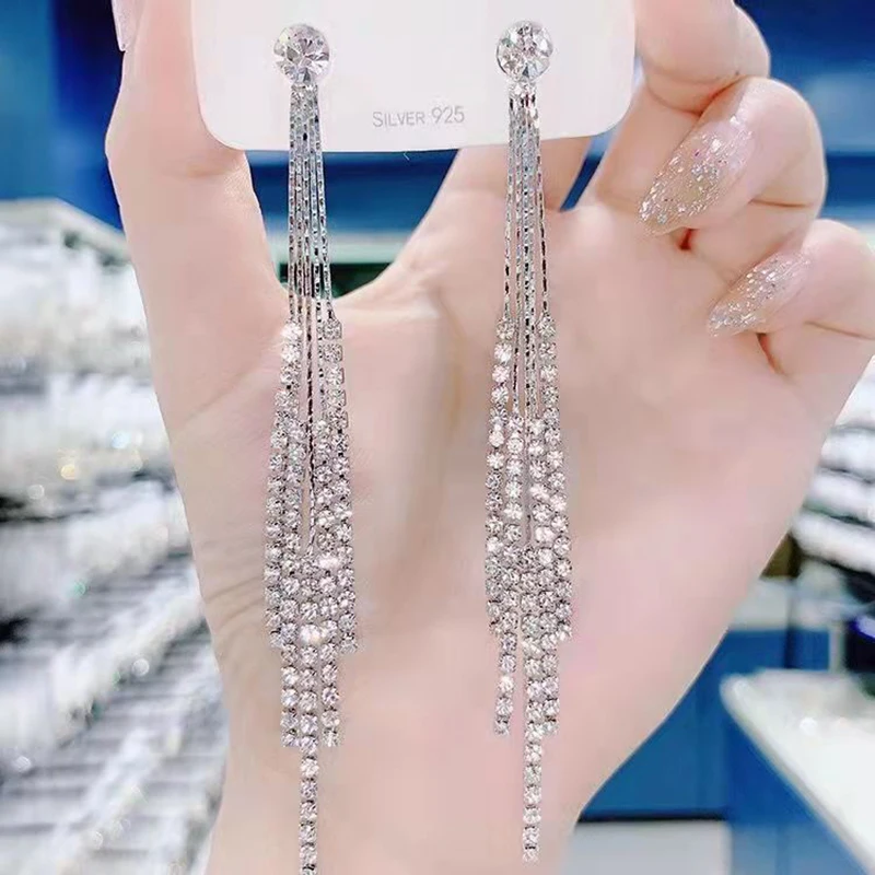 Rimiut Fashion Women Clear Rhinestone Long Tassel Earrings 925 Silver Needle Luxury Lady Party shinning Drop Earring