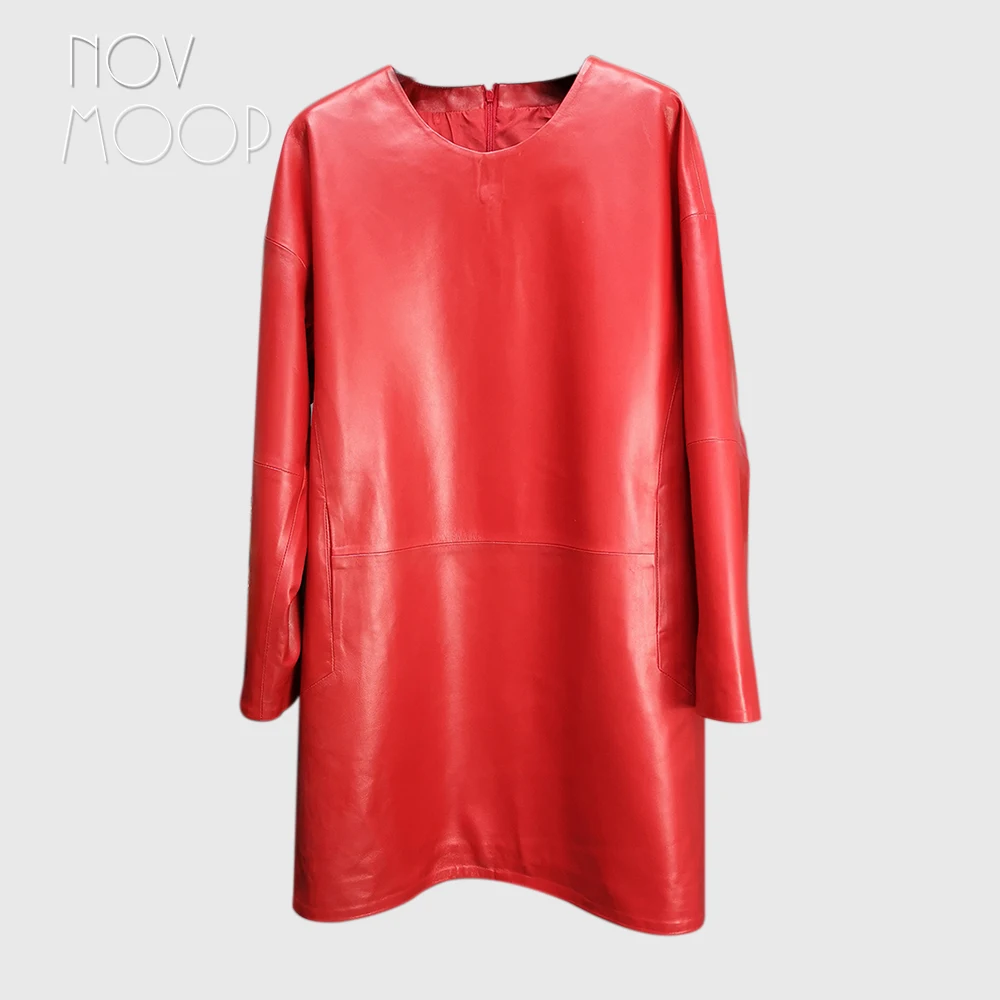 Novmoop Fashion red black color medium and long genuine leather women dress with pocket zipper decor kurtki damskie LT2809