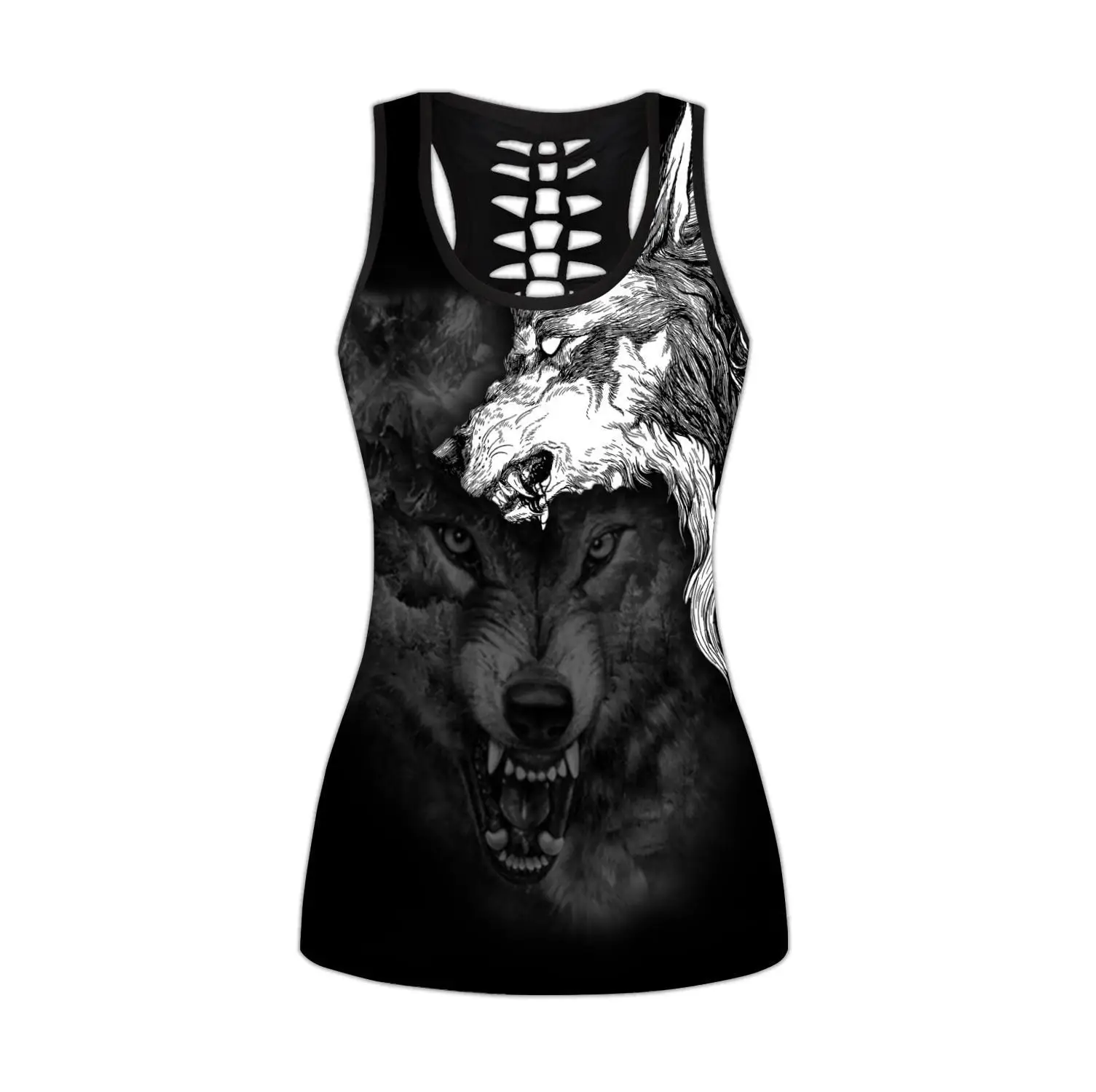 Wilk duch tatuaż 3D wszystko nadrukowane Hollow Tank Top i komplet legginsów Fitness kobiece legginsy pełnej długości spodnie do biegania DDK52