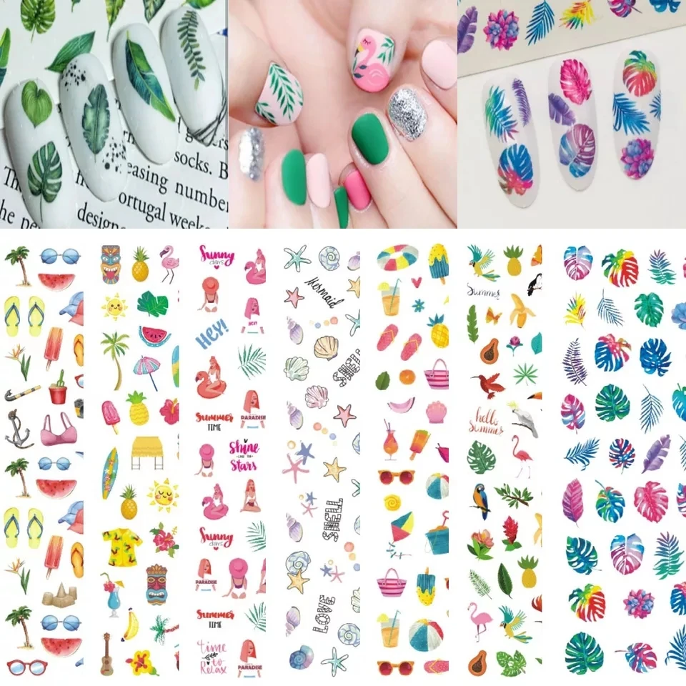 New Hawaii Series Nail Art Stickers Beach Shell Bikini Girl Design Adhesive Nail Art Decorations Monstera Flamingo 3D Nail Decal