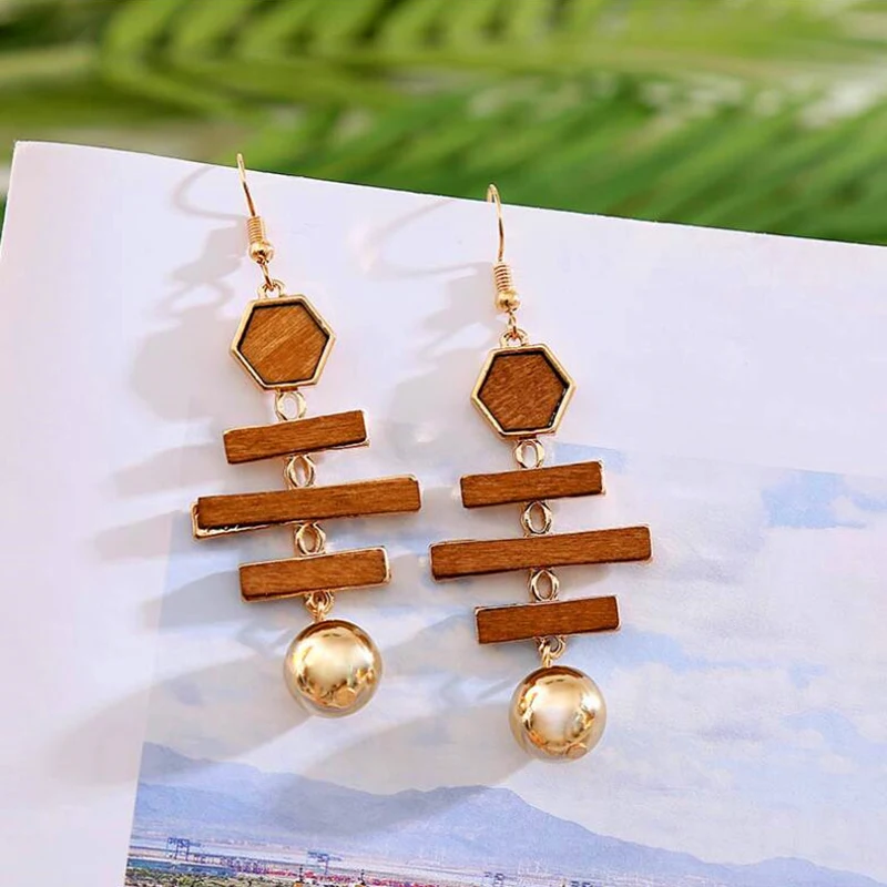 YAOLOGE 23 Style New Fashion Korean Wooden Handmade Geometric Wood Round Square Bamboo Rattan Knit Drop Earrings For Women 2022