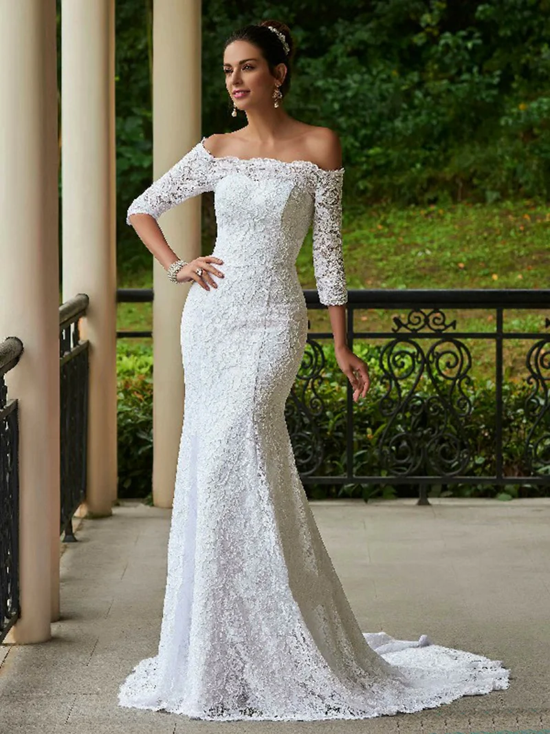 

2019 Boat-neck half-sleeves natural Mermaid/Trumpet long lace Wedding Dresses/Formal gowns buttons&lace-up back free shipping