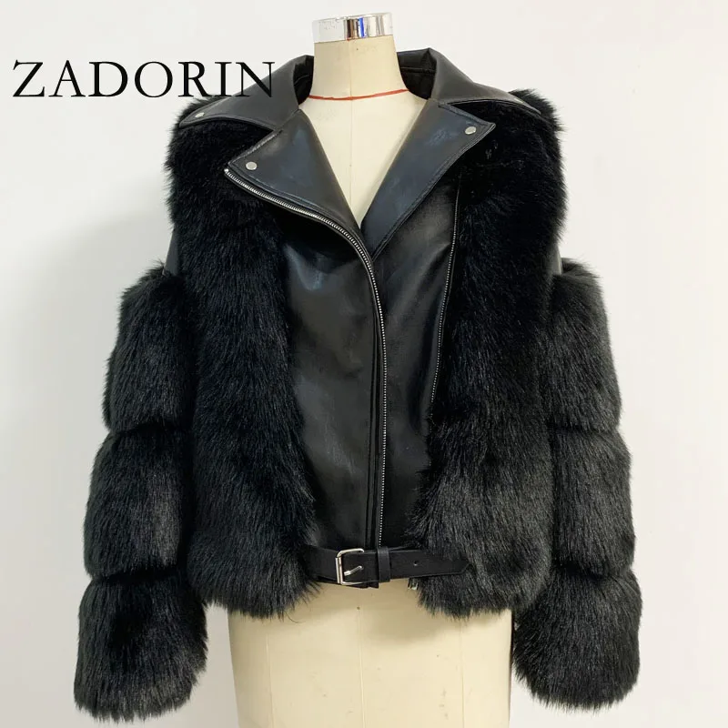 ZADORIN Топ Мода Роскошная FAUX Fox Fur Coat Мотоциклетная искусственная кожа с отложным воротником Теплая куртка из искусственного меха Женская осень-зима Новинка