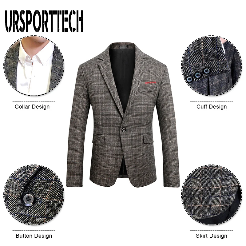 URSPORTTECH Men's Blazer British's Style Casual Slim Fit Suit Jacket Male Plaid Blazers Men Coat Terno Masculino Plus Size M-5XL