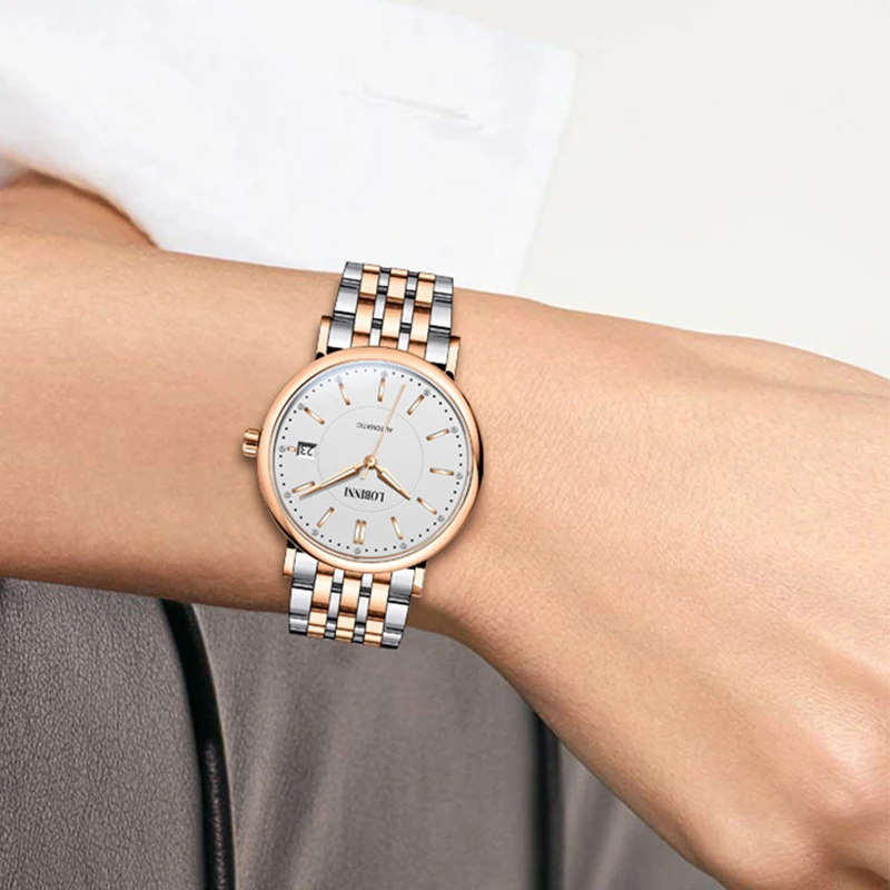 LOBINNI 새로운 MITOTA 무브먼트 여성 시계 럭셔리 라인 석 설정 시계 방수 자동 기계식 여성용 손목 시계