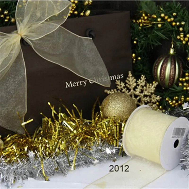 N2012 63MM X 25yards Christmas cream organza ribbon gift packaging wired edge ribbon