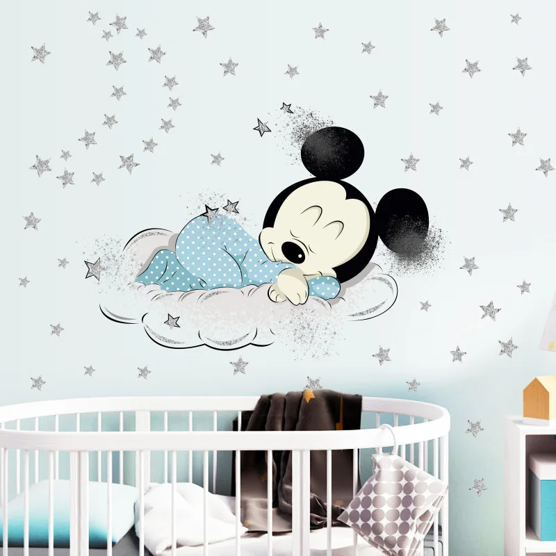 Sleeping Mickey Minnie Mouse Wall Sticker For Child Room Kids Bedroom Mural Princess Baby Self-adhesive Vinyl Decals Home Decor