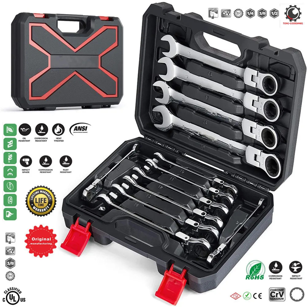 

12pcs Flex-Head Ratcheting Wrench Set,Metric 8-19mm,Combination Ended Spanner kits,Chrome Vanadium Steel Combination Wrench set