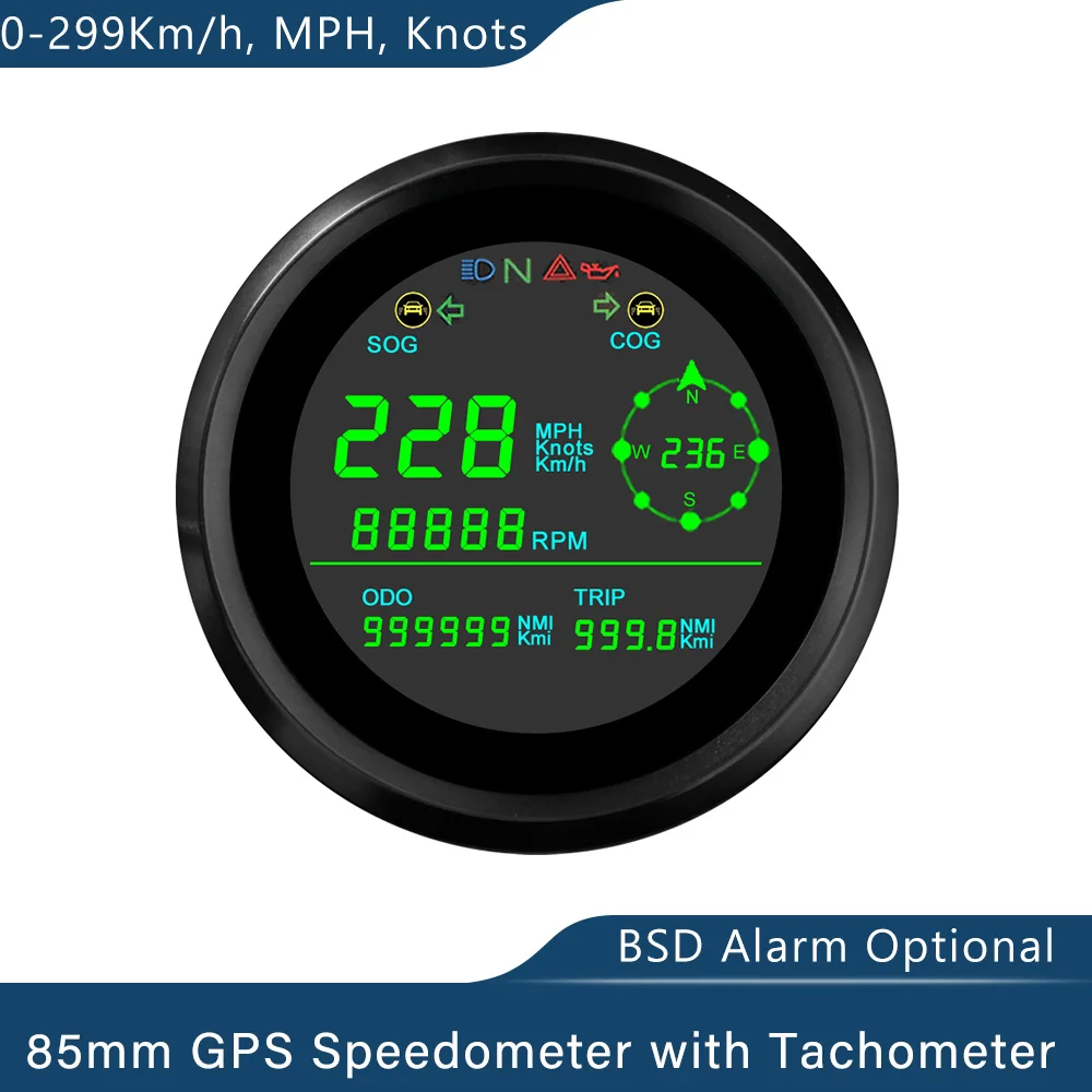 

Newest 85mm Multi-function LCD GPS Speedometer 0-299km/h MPH Knots Trip Odometer RPM Tachometer for Car Motorcycle with Alarm