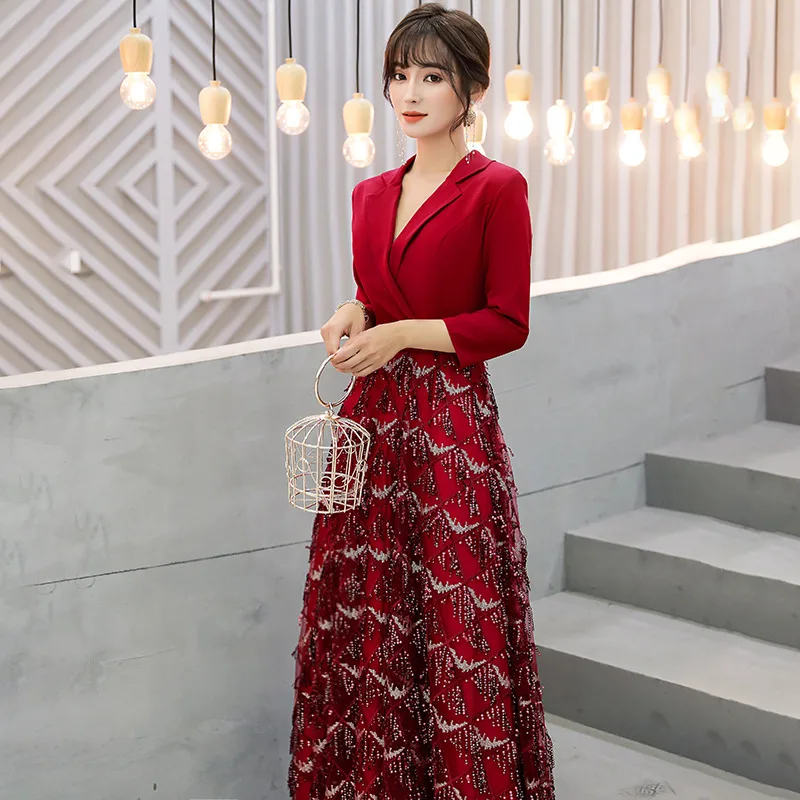 Burgundy Sexy V-Neck Oriental Party Female Sequins Stage Show Tassel Qipao Elegant Celebrity Evening Dress Banquet Dresses