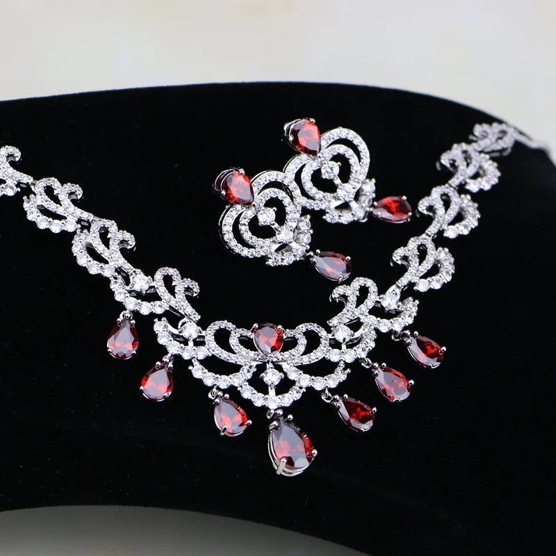 Water Drop Red Cubic Zirconia White CZ Silver 925 Jewelry Set For Women Wedding Earrings Necklace/Earrings 2PCS