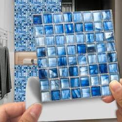 10pcs Blue Flat Mosaic Tiles Wall Sticker Printed in 2D Kitchen Bathroom Home Decor Waterproof Peel & Stick PVC Art Wall Decals
