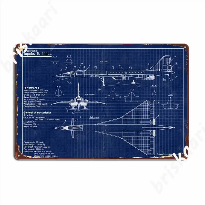 Tupolev Tu 144 Blueprint Poster Metal Plaque Club Wall Classic Wall Decor Tin Sign Posters