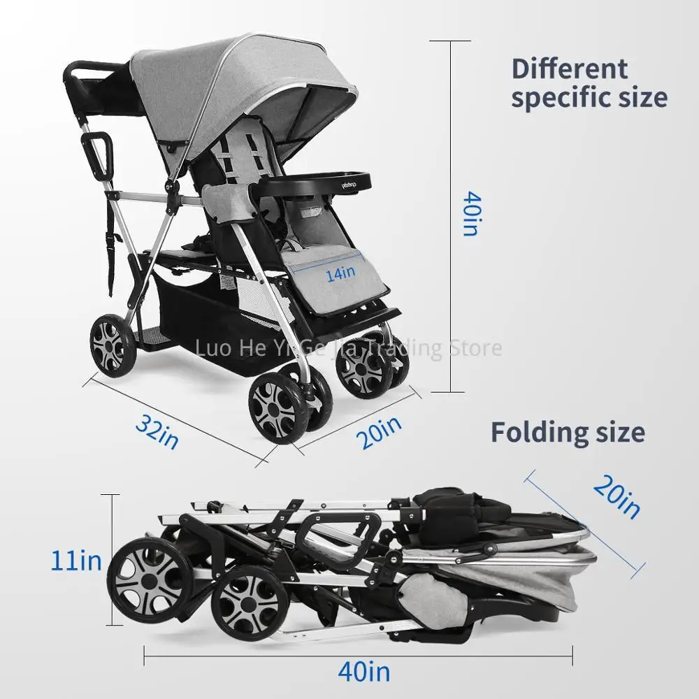 Double Children Carriage, Convenience 2 Kids Sit/Stand Stroller, Fold Tandem Pram