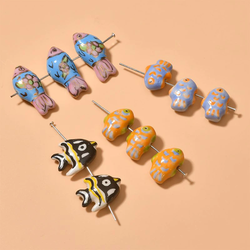 4PCS Ceramic Spacer Bead Various Hand Drawn Fish Shaped Porcelain Beads Charms for Jewelry Making DIY Bracelet Accessories