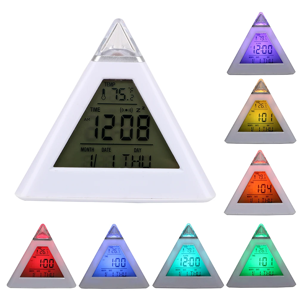 Digital Alarm Clock Colorful Backlight Change Clock Home Decoration Triangle Pyramid Perpetual Calendar Thermometer