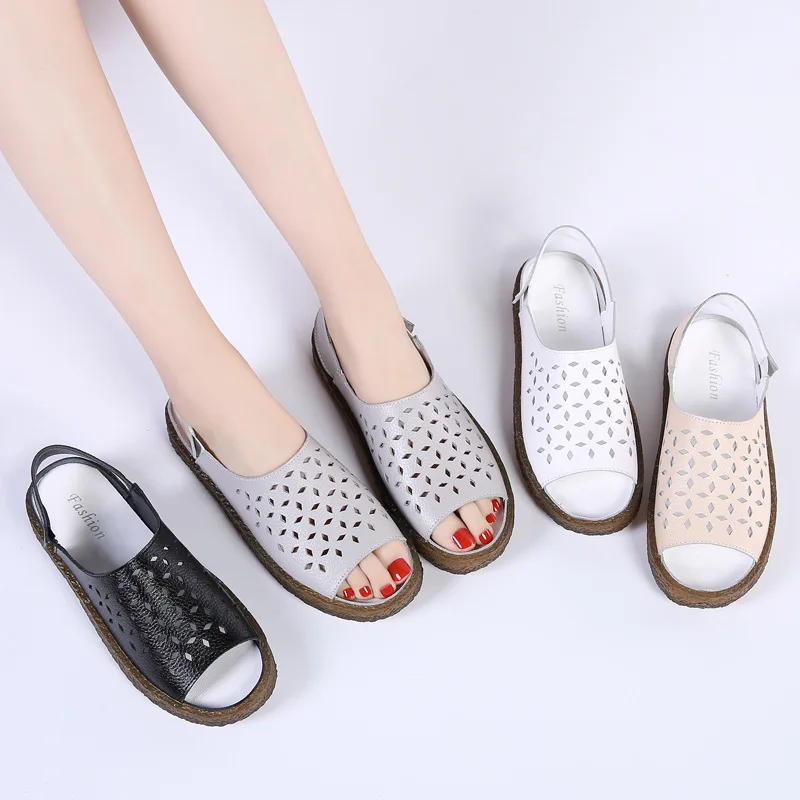 Women Sandals Summer Fashion Genuine Leather Wedges Casual Shoes Woman Non-slip Beach shoes Female Soft bottom Sandals Big size