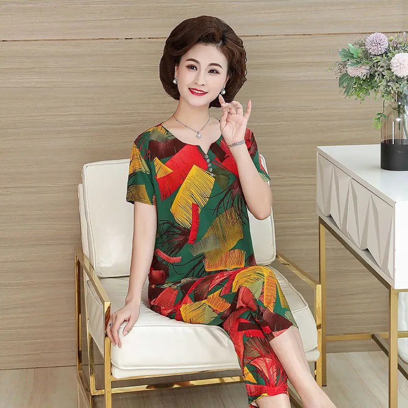 Middle-Aged Mother Suit Cotton Silk Printed T-Shirt 2 Piece Set Pants Set 2021 New Summer Fashion Women\'s Suit Mother Dress W817