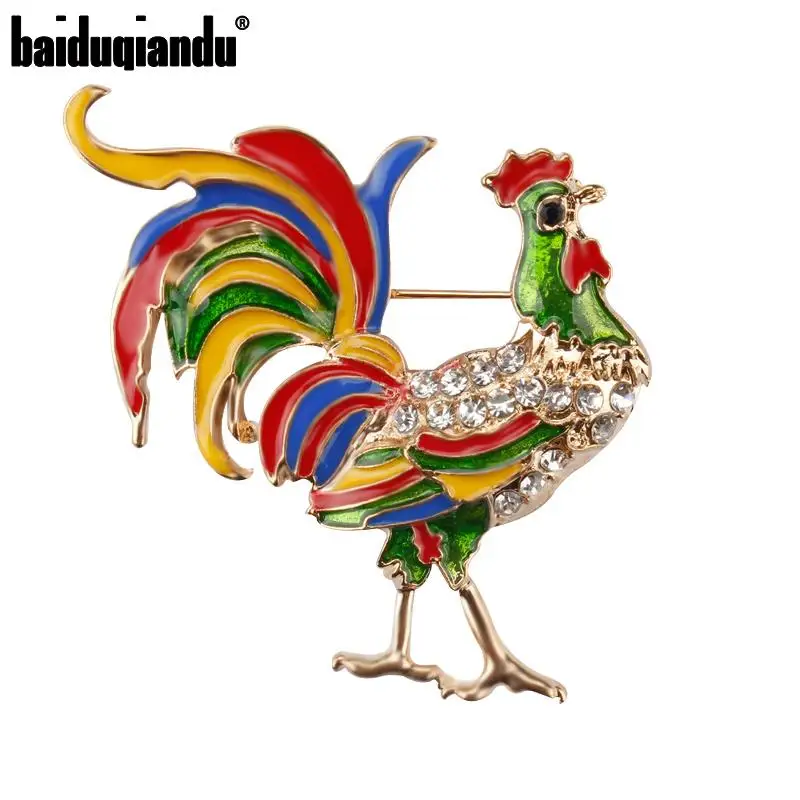 baiduqiandu Brand Crystal Rhinestones Chicken Rooster Enameled Brooch Pins for Women