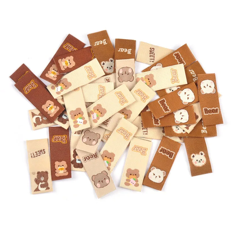 50Pcs Lovely Brown Bear Embroidery Labels For Sewing Accessories Bags Clothes Washable Care Tags Kids Garment Handmade DIY c3205