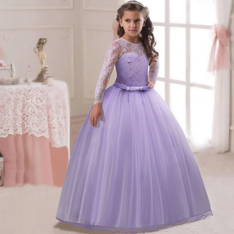 Spring New Ankle Length Lace Long Sleeve Ruffle Long Dress Piano Party Performance Costume Little Girl Princess Dress