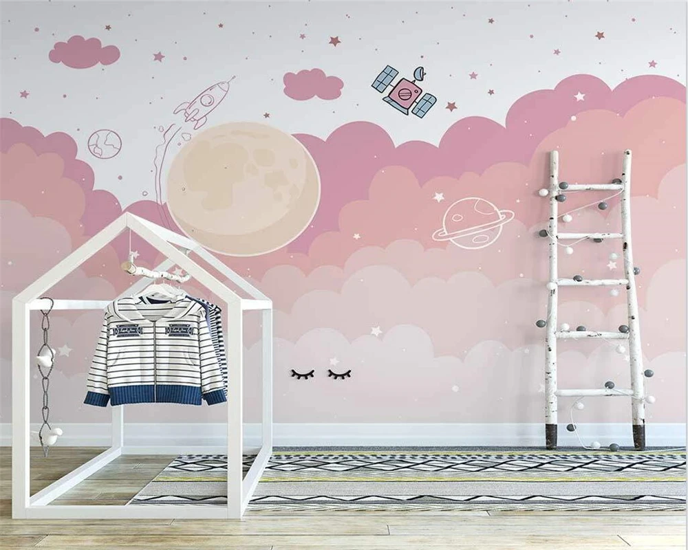 

beibehang papel de parede Custom modern nordic hand-painted pink space starry clouds children's room background wallpaper