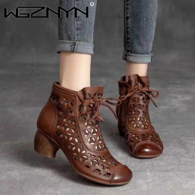 NEW Retro Style Soft Leather Women Boots 2023 Summer Mid Heels Sandals Shoes Side Zip Female Footware Black Brown Dropshipping