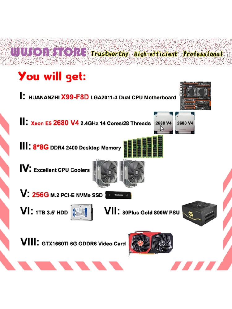 

HUANANZHI X99-F8D Motherboard Dual CPU E5 2680 V4 CPU Coolers 8*8G 64G 2400 RAM 256G M.2 SSD 1TB HDD GTX1660TI 6G 800W Gold PSU