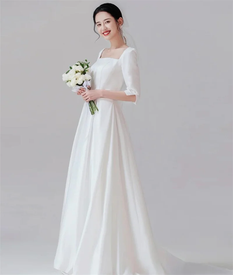 

Satin Wedding Gown Simple A-Line 웨딩드레스 Square Neck Wedding Dress Vintage Half Sleeve Sweep Train Elegant Bride robe de mariée