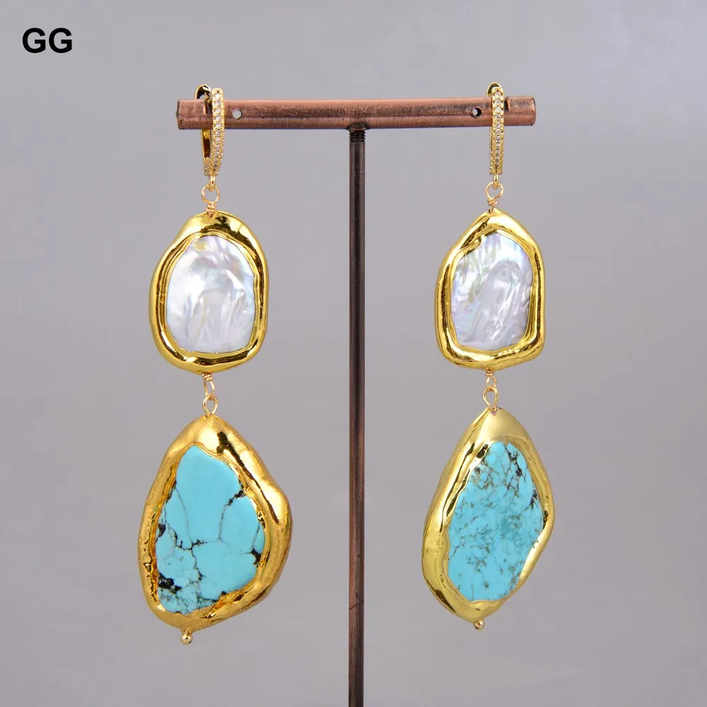 GG Cultured White Keshi Pearl Blue Turquoise Slice Leverback Earrings Ethnic Style For Women