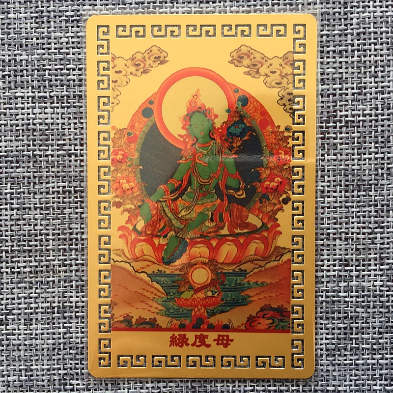 Green Tara Buddha Metal Card, Amulet Card, Golden Card, Opening Light image 3