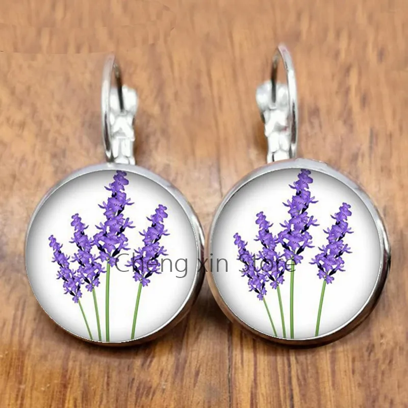 New beautiful purple lavender flowers and plants round glass convex dome earrings jewelry