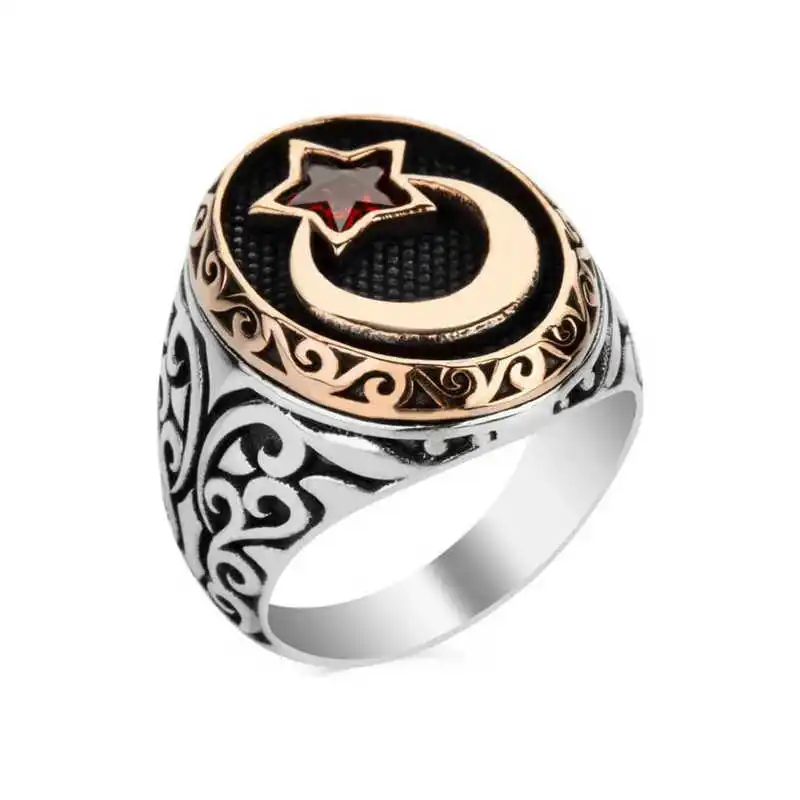 Silver Moon Star Men's Ring - 925 Sterling Men's Jewelry Wedding Birthday Gift - Box - - Male - Fashion - Botiva - Size - Turkish - Patterned Embroidery