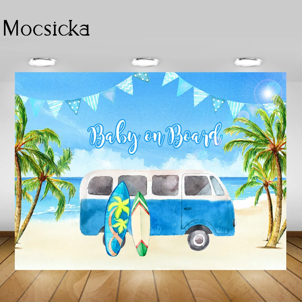 Baby on Board Backdrop Summer Sea Beach Painting Background Newborn Kids Portrait Photography Surfboard Bus Blue Sky Plam Trees