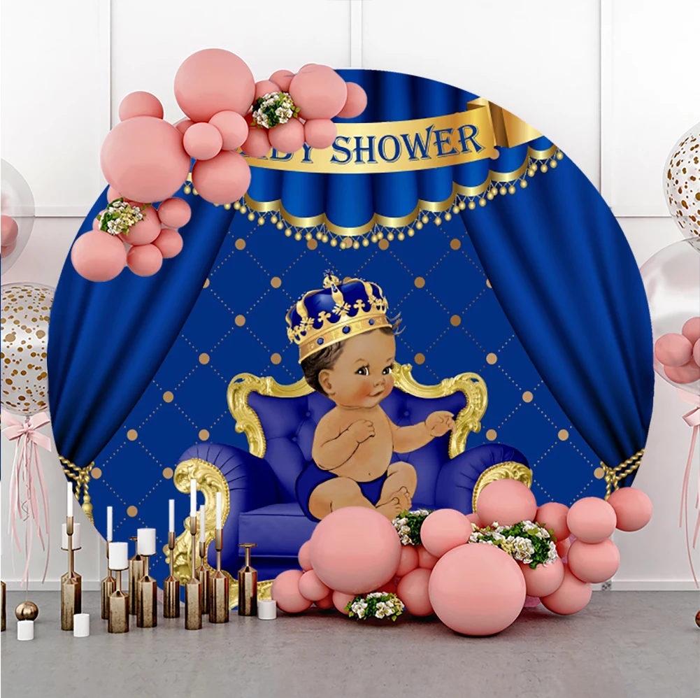 Laeacco Baby Shower Round Circle Backdrop Stage Crown Blue Curtain Sofa Child Portrait Customized Poster Photography Background