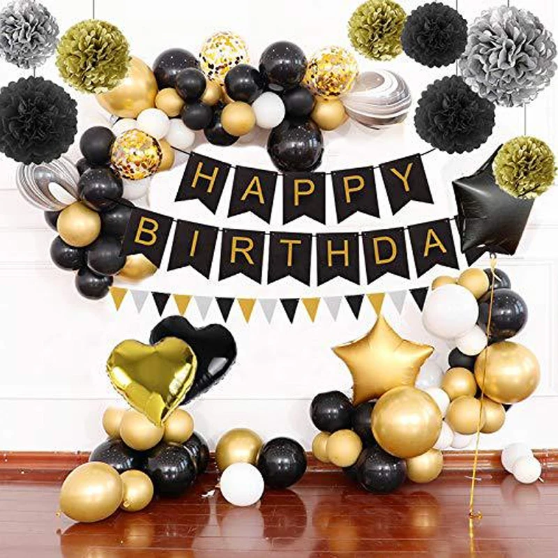 Schwarz Goldene Folie Ballons Geburtstag Party Dekorationen für Erwachsene Banner Tissue Papier PomPoms Jahrestag Geschenk Liefert