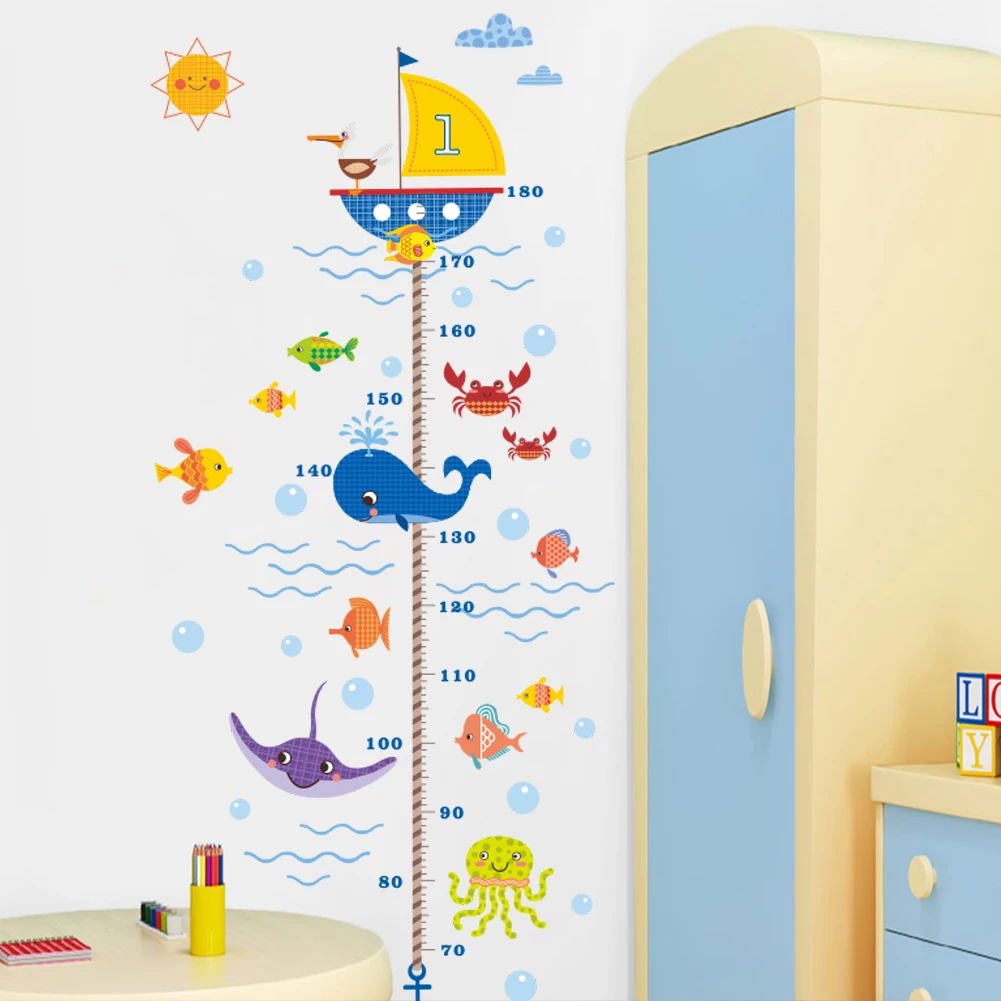 Creative Height Growth Chart Wall Sticker Kids Boys Girls Underwater Sea Fish Anchor Finding  Decorative Decal Poster